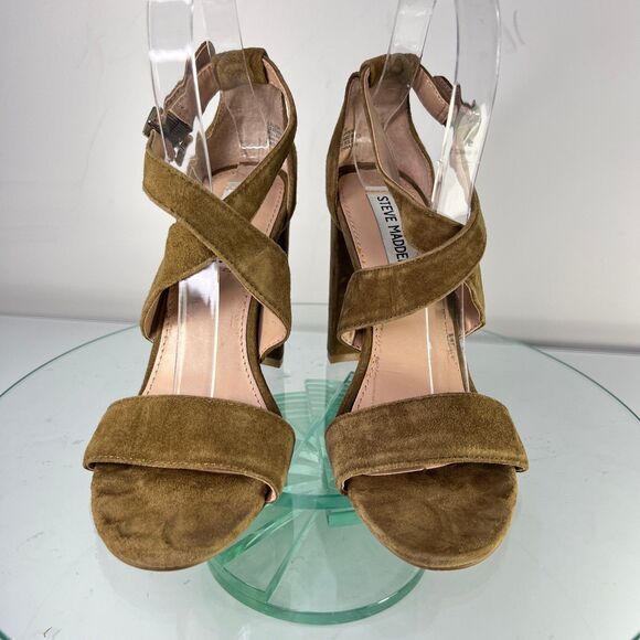 Steve Madden Caliopi High Heel Sandal Brown Suede Cross Straps buckle - Picture 5 of 12